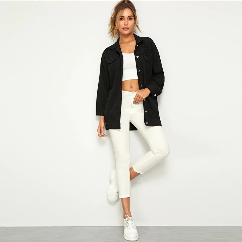 Dotfashion, черный, Повседневный, однобортный пиджак для женщин, осень, на пуговицах, с карманами, куртки для девушек, одноцветная Джинсовая Верхняя одежда