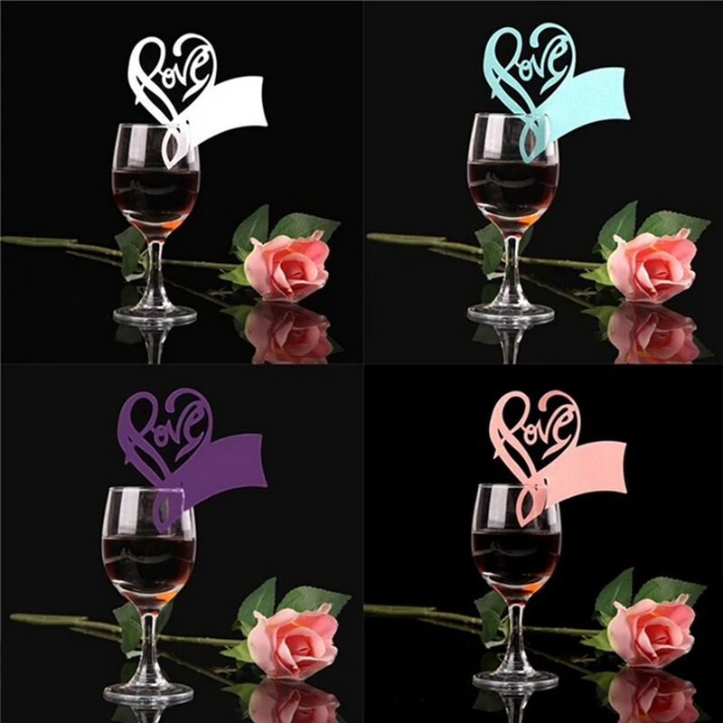 

50PCS Wine Glass Place Cards Paper Laser Love Heart Table Cute Name Place Escort Cup Card Wedding Party Decorations Decor