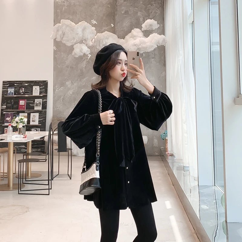 Winter Fashion Maternity Nursing Shirts Long Lantern Sleeve Bow Collar Postpartum Women Buttons Fly Breastfeeding Blouses Black