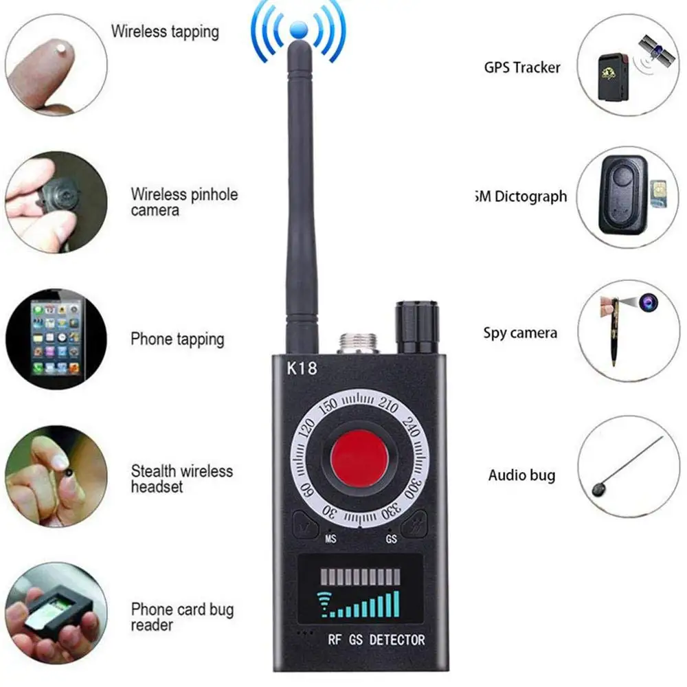 K18 Anti Spy Wiretap Bugs Mini Hidden Camera GPS GSM Lens RF Tracker Sound Signal Gizli Kamera Spy Things Detector