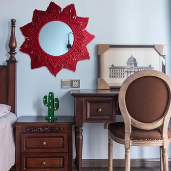 

Bathroom Vintage Macrame Big Shower Make Up Macrame Mirror Home Bedroom Wine Red Boho Hanging Wall Mirror For Living Room