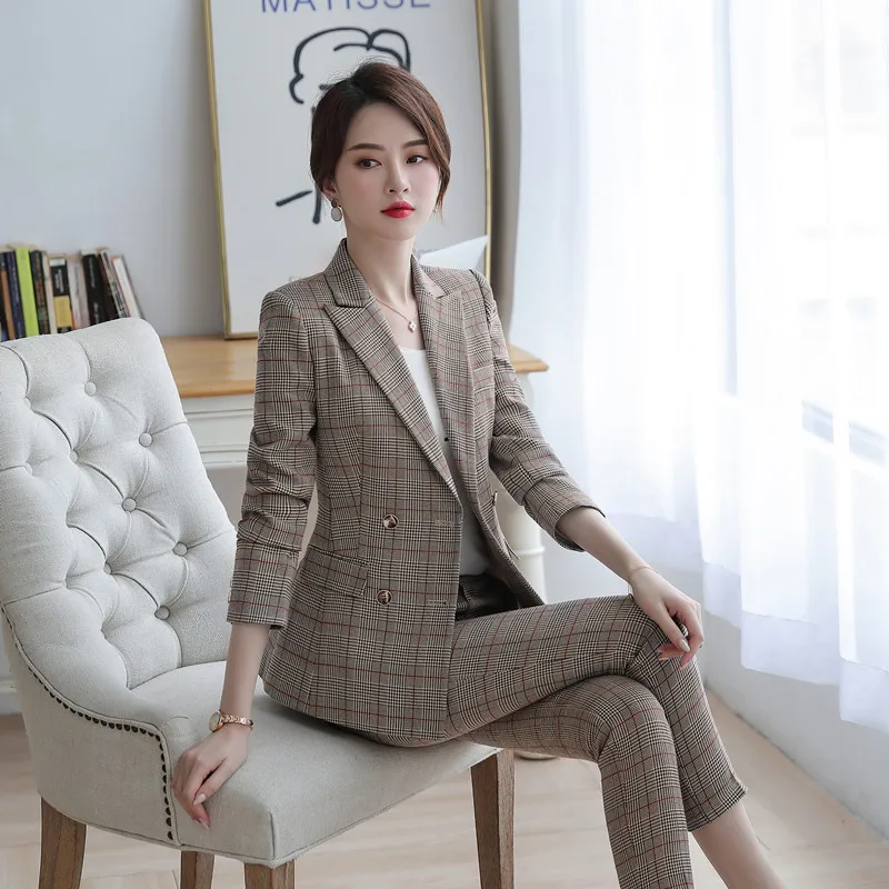 Set female 2019 autumn and winter new plaid suit jacket two-piece temperament fashion thick work clothes women's clothes