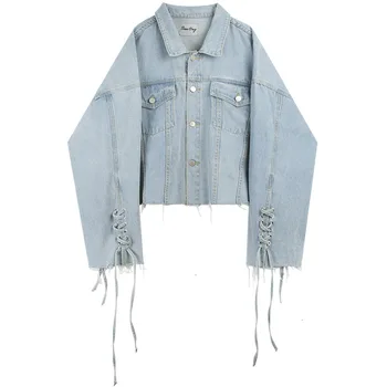 

EWQ / 2019 New Fashion Autumn Long Sleeve Stitching Denim Jacket Drawstring Men Loose Casual Chamarra De Mezclilla Dama 9A168