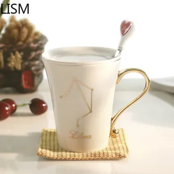 

Gold Luxury Coffee Mugs with Lid Spoon Twelve Constellation Ceramic Cup Creative Glass Couple Cups Funny Mug Water Bottle Gift