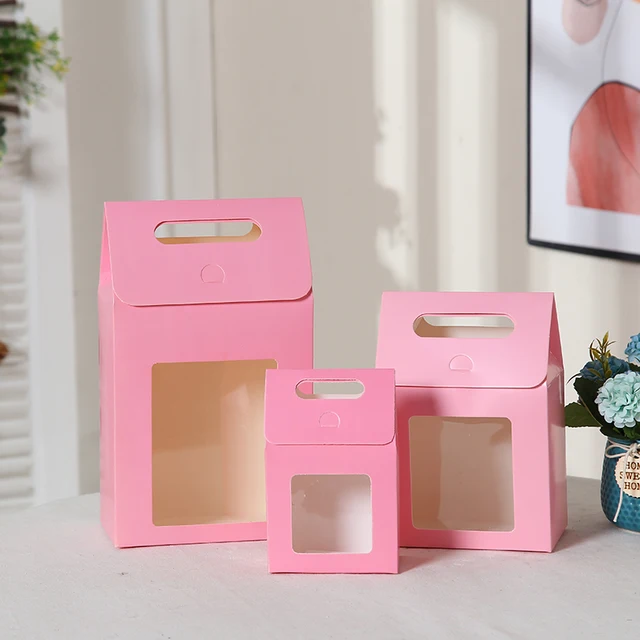 10pcs Red Blue Large Open Window Cowhide Carton Bag Kraft Handle Flap Seal Gift Box Portable Food Gift Small Color Packing Box pink