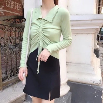 

B Women Knitting Tops Lapel Drawstring Straps Elastic Tight-fitting Bottoming Short Sleeve Slim Fit Turn Down Collar Sweater*
