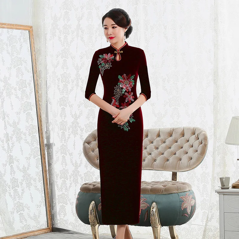 

Nail Hot Sale High Bead Manufacturers Selling Of New Fund Of 2020 Autumn Outfit Pleuche Cheongsam Long Improved Qipao Dress Mom