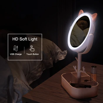 

Desk LED Lighted Mini Makeup Mirror Multi-function Storage Makeup Box Cosmetics Rack Lipstick Eyeliner 360° Lamp Adjustable
