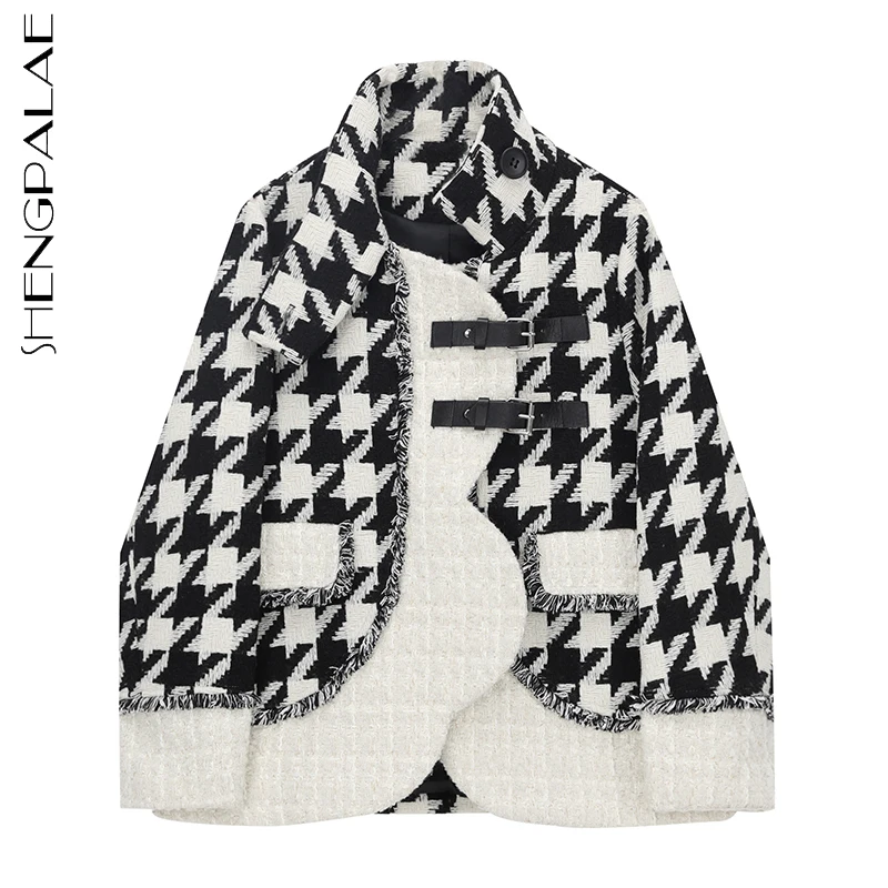 SHENGPALAE Fashion Chic Plaid Knitted Tassel Woolen Jacket Women's Spring 2022 New Laple Loose Single Breasted Long Sleeve Coat | Женская