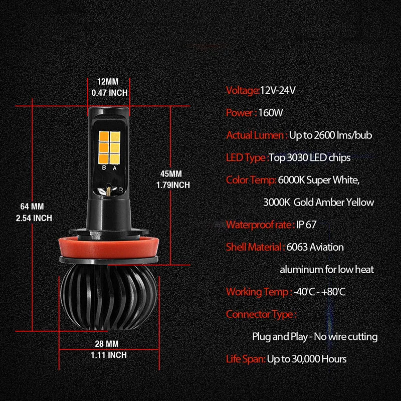 9005 9006 белый+ янтарный двойной цвет 12SMD#3030 Автомобильный светодиодный противотуманный автомобильная лампа