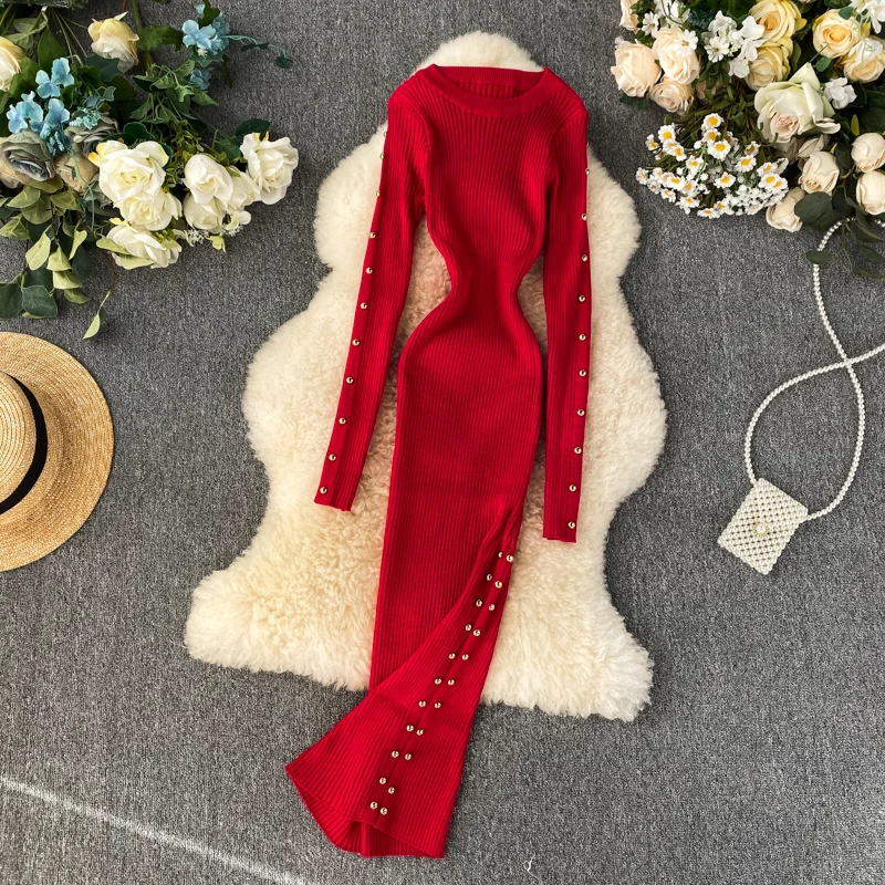 

2020 Spring Rivet Long-sleeved Sexy Bag Hip Mid-length Knee-length Knitted Long Bodycon Dress Female Autumn Dress