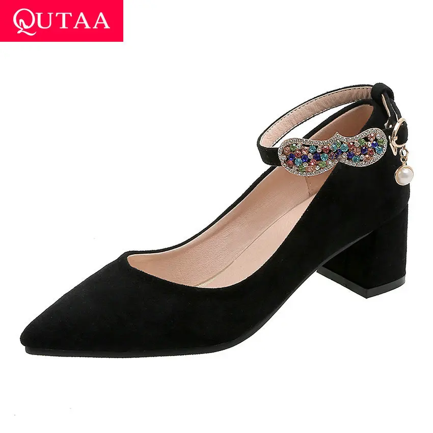 

QUTAA 2020 Flock String Bead Buckle Single Shoes Pointed Toe Fashion Ladies Pumps Square Heel Crystal Women Shoes Big Size 34-43