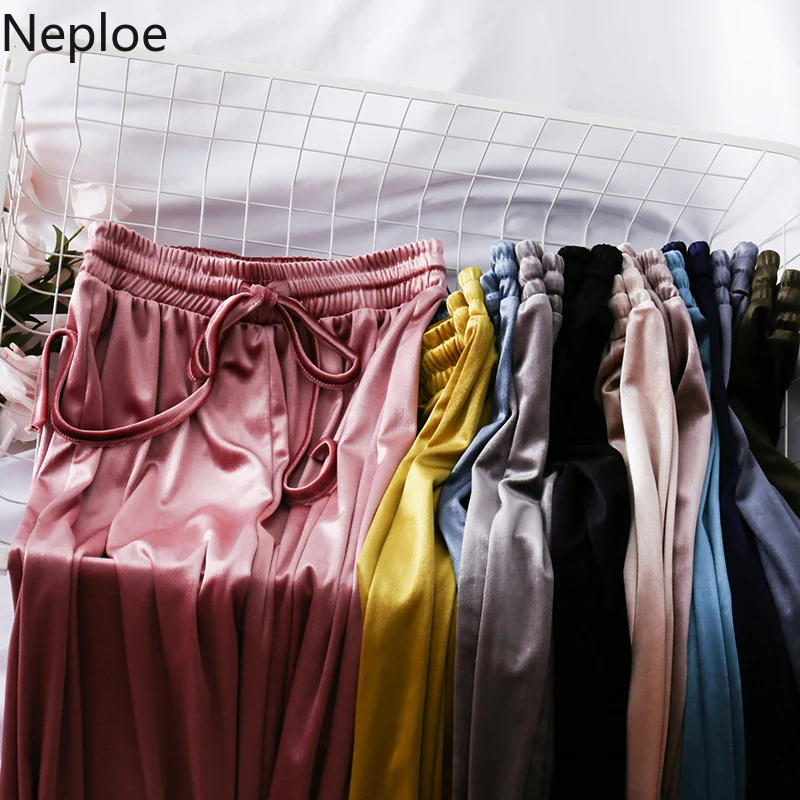 

Neploe Women Summer Autumn Trousers Wide Leg Pants Elastic High Waist Drawstring Lace Up Long Pants Korean Fashion Streetwear