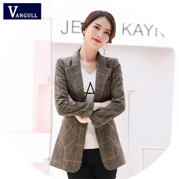 

Vangull Plaid Women Blazers Turn-Down Collar Long Sleeve Slim Short Suit Business Office Clothes 2019 Autumn New Fashion Blazer