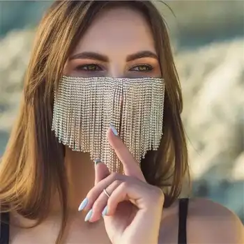 

Luxury jewelry Bling Rhinestone long tassel Mask Halloween party women fashion elastic mask crystal decorative mask dancer party