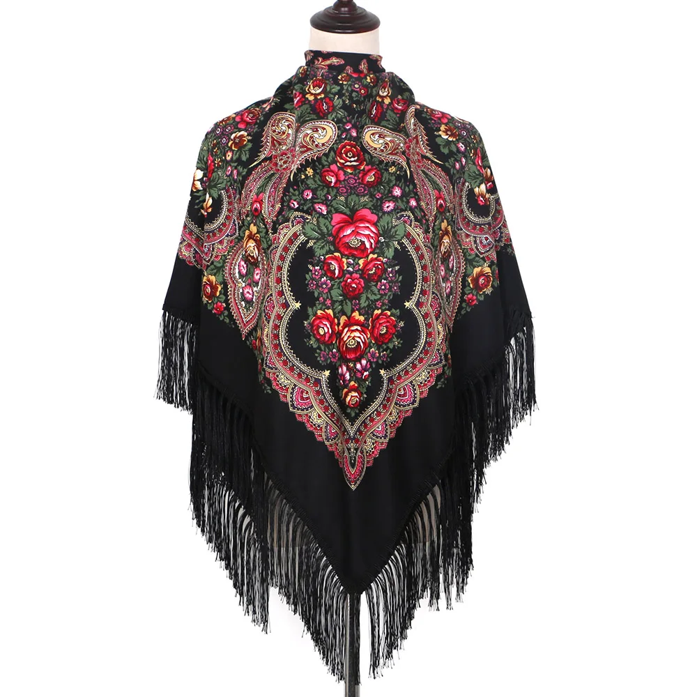 Scarf Russian Shawl Women's Head Wrap Hijab Babushka Ukrainian Scarves Square Blankets Tassel Retro Handkerchief Foulard Femme 120 120cm traditional russian scarf women‘s printed flora shawl retro square babushka handkerchief ethnic hijab bandana