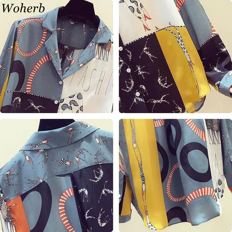 Woherb осень Новое поступление Блузка контрастный цвет узор рубашки винтажные свободные топы с длинным рукавом Женская корейская мода Blusas Mujer