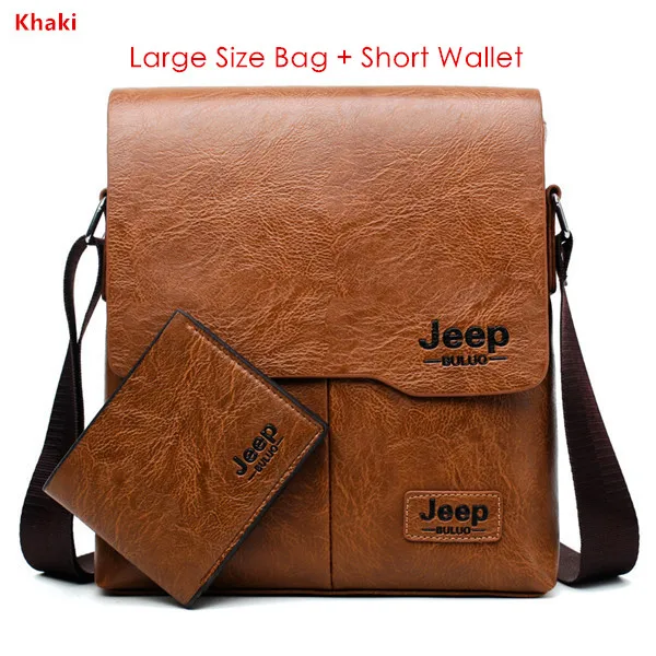 JEEP BULUO Man's Bag 2PC/Set Men Leather Messenger Shoulder Bags Business Crossbody Casual Bags Famous Brand Male Drop Shipping Khaki 1505-2-W002