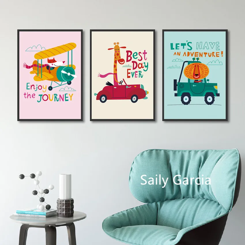 

Cartoon Fox Giraffe Lion Driving To Enjoy Life Wall Art Canvas Painting Nordic Poster Wall Pictures Baby Nursery Rooms Unframed