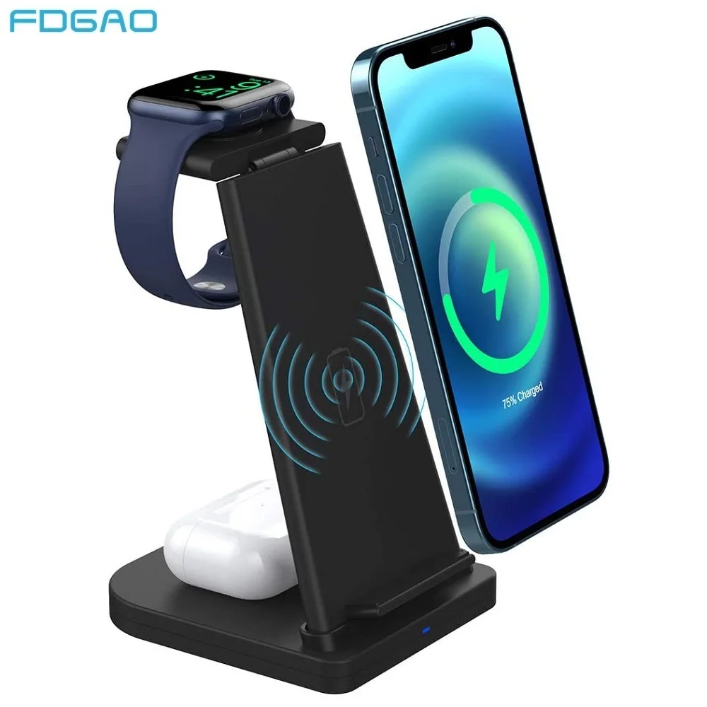 15W Fast Charge 3 In 1 Qi Wireless Charger Pad Dock Station Stand For iPhone 12 11 XS XR X 8 Apple Watch SE 6 5 4 3 Airpods Pro