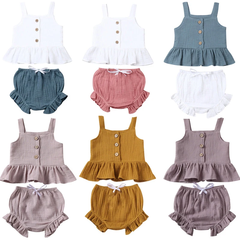 warm Baby Clothing Set 1-5Years Kid Newborn Baby Girls Button Sleeveless Tank Tok + mini  shorts Outfits  2pcs Clothing Set newborn baby clothing set