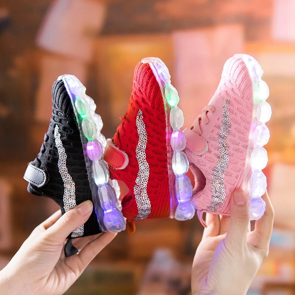 Children Kid Baby Girls Boys Bling Led Luminous Sport Run Sneakers Casual Shoes soft sole mesh Hook&Loop baby shoes lovely