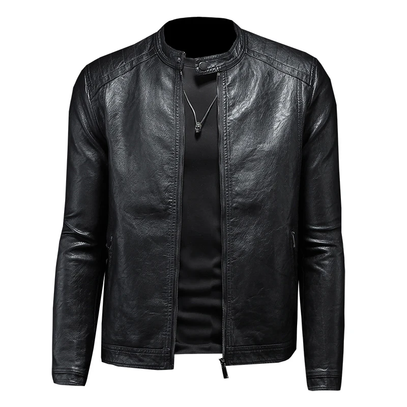 

Мужская байкерская куртка из ПУ кожи, черная утепленная куртка-бомбер с воротником-стойкой, на молнии, на флисе