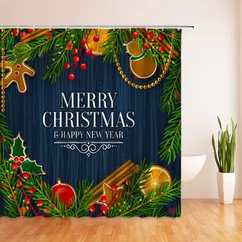 

Xmas Decoration Shower Curtain Blue Background Cloth Decoration Variety of Christmas Ornaments Polyester Fabric 70 X 70 Inch