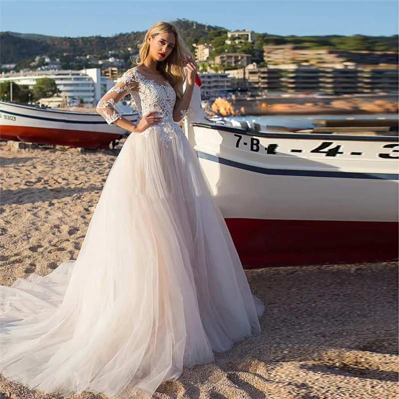 

Quarter Sleeves Sheer Lace Appliques Wedding Dress A-Line Buttons With Bowknot Back Tulle Beach Bridal Gowns Spring 2021 Vestido