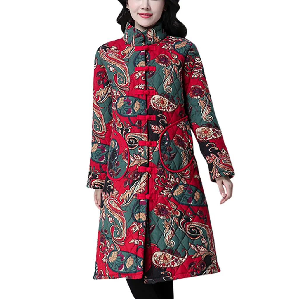 Женская куртка с вышивкой в китайском стиле; зимние теплые этнические длинные пальто; элегантная женская повседневная куртка с длинными рукавами; верхняя одежда
