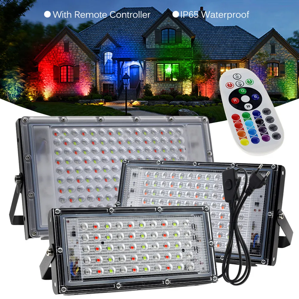 

50W 100W RGB LED Floodlight AC220V with EU Plug IP65 Waterproof Outdoor Spotlight Flood Light landscape Lightting with Remote