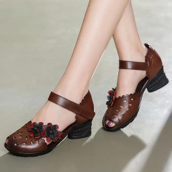 

ALISHINREY Summer Women's Sandals 2020 Retro Handmade Flower Genuine Leather Female Shoes Hollow Hole Woman High Heel Sandals