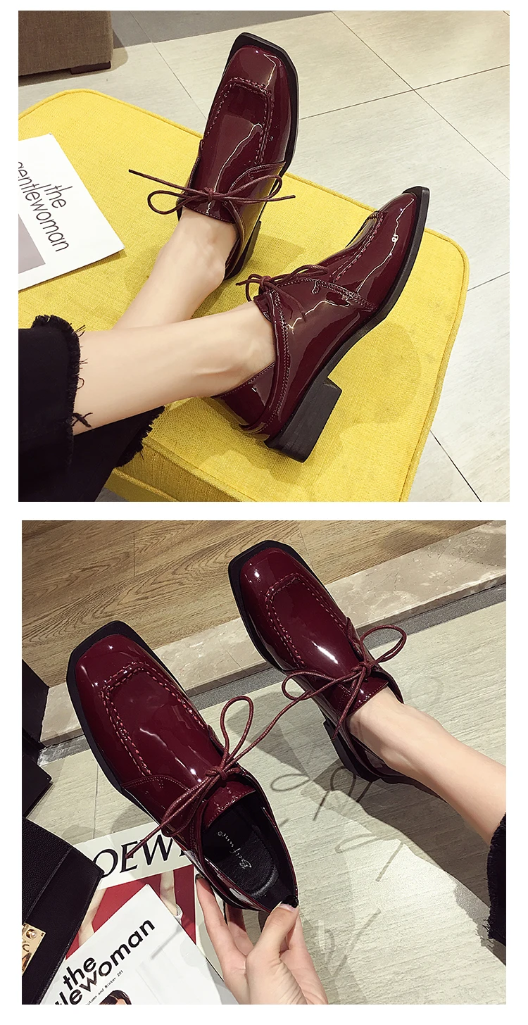 Women's shoes new autumn retro bright leather thick with single shoes square head with stepping shoes