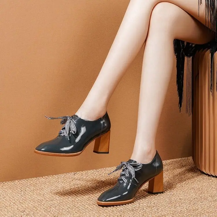 

High heels shoes coarse documentary shoes high-heeled shoes with leather shoes head layer cowhide 6.5 cm deep