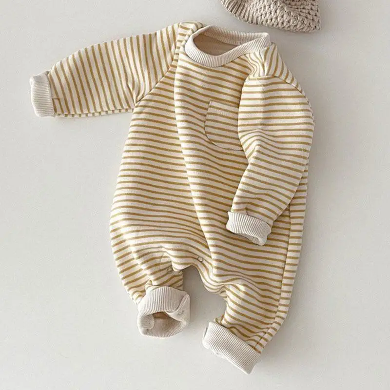 vintage Baby Bodysuits 2021 Spring New Baby Striped Romper Boys Girls Simple Striped Casual Jumpsuit Winter Infant Fleece Warm Clothes vintage Baby Bodysuits Baby Rompers