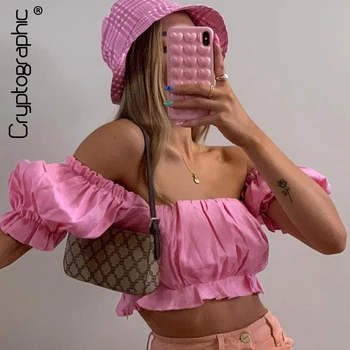 

Cryptographic Off Shooulder Fashion Pink Women's Shirts Crop Top Summer T-Shirts Lantern Sleeve Sexy Backless Blouses Shirt Tops