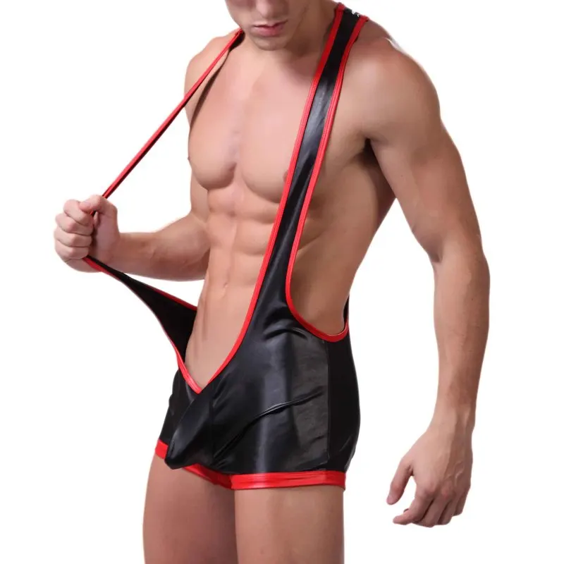 Men Wrestling Singlet Underwear PU Leather Undershirt Leotard Bodysuit Jockstrap Latex Lingerie Open Butt Bugle Pouch Jumpsuit