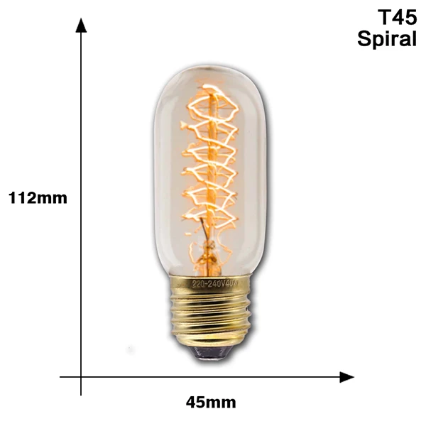 T45 Spiral Электрическая лампочка эдисона светильник лампочка E27 220 В 40 Вт ST64 A19 T10 T45 T185 G80 G95 Ретро ампулы Винтаж накаливания лампа накаливания Эдисона лампа - Цвет: T45 Spiral