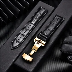 Premium Genuine Leather Watchband with Butterfly Buckle - Elegant Men's Strap Accessory - 22mm (Gold black)