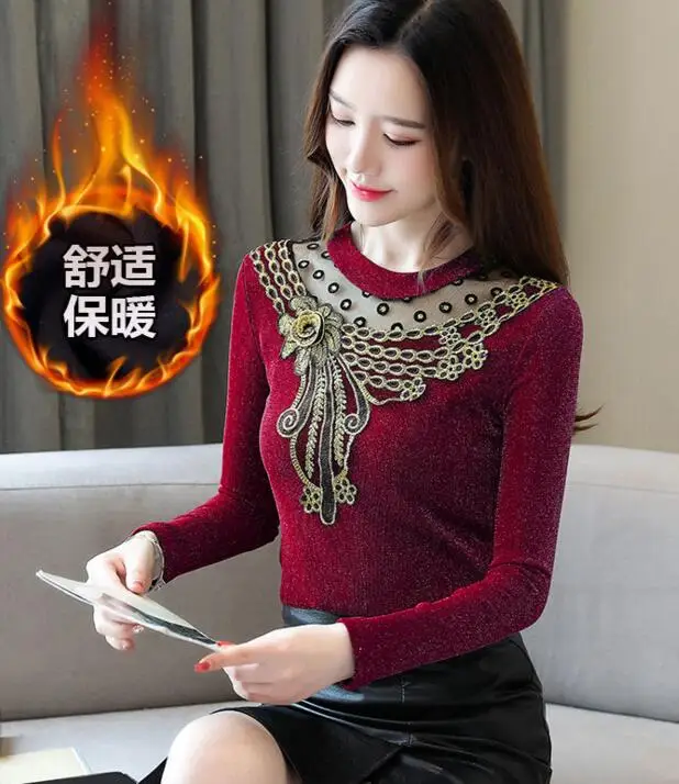red woollen Зима весна женские шифоновые топы кружева размера плюс тонкие элегантные рубашки с длинным рукавом Женские сексуальные платья свитера пуловеры - Цвет: red woollen