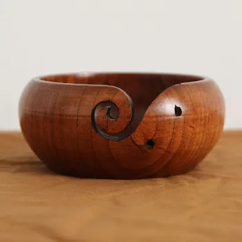 

Wooden Yarn Bowl Holder Knitting Bowl Crochet Yarn Holder Storage Bowl DIY Handmade Round Wood Bowl with Lid and Holes