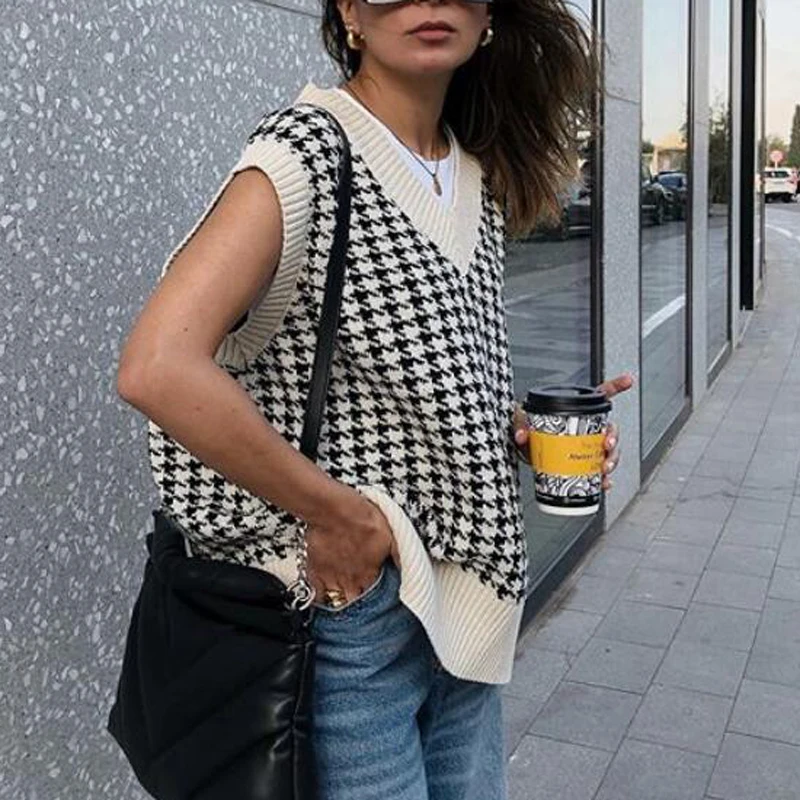 

Knitted V-neck Pullover Sweater Vest Autumn Vintage Plaid Short Sweaters Korean Harajuku Casual Sweater Fall 2021 Women