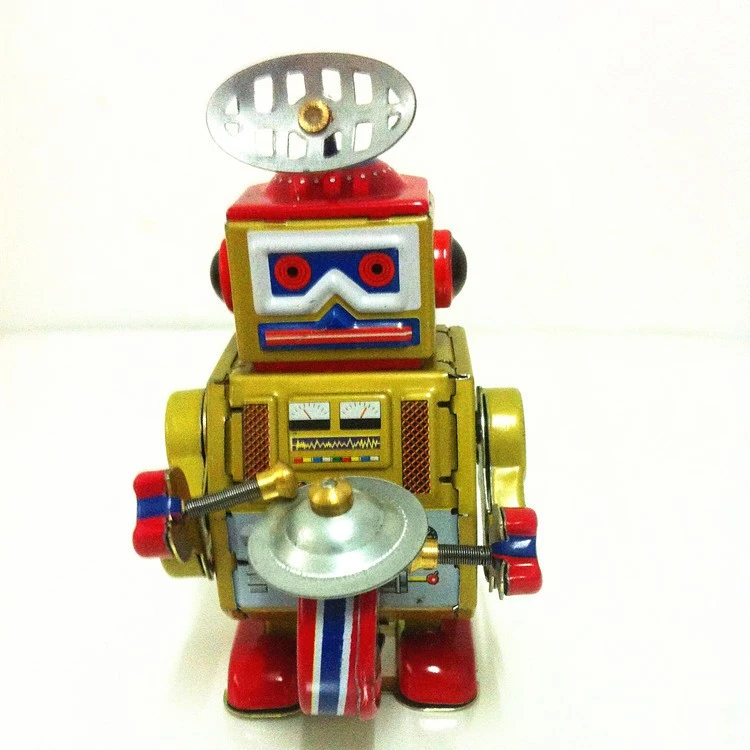 Retro Clockwork Wind Up Metal Walking & Drumming Robot Toy Collectible Kids Gift
