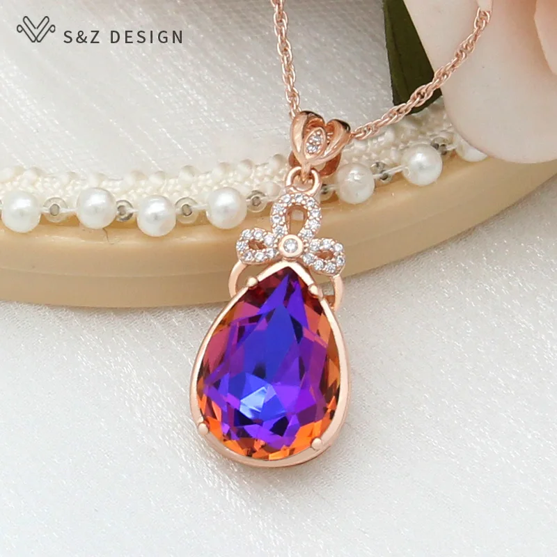 S&Z DESIGN New Luxury Cubic Zirconia Water Drop Colorful Crystal 585 Rose Gold Color Pendant Necklace For Women Wedding Jewelry