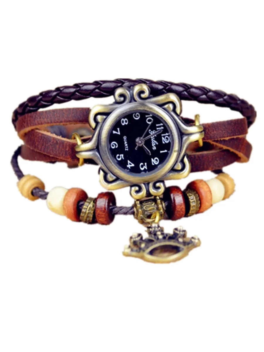 

100pcs/lot Wholesales Hot Sales women activity gifts Goddess of the crown watch Hand Knit Retro Women PU Leather wristWatches
