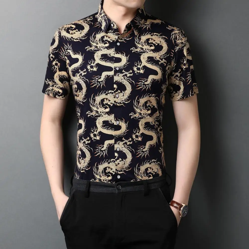 

C-8987 Yellow dragon pattern printing luxury short sleeve shirt Summer New quality cotton soft comfortable smooth men shirtM-3XL
