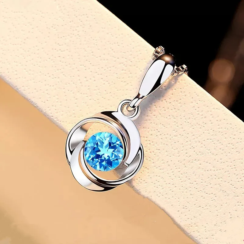 S925 Sterling Sliver Pendant Necklace Natural Blue Crystal