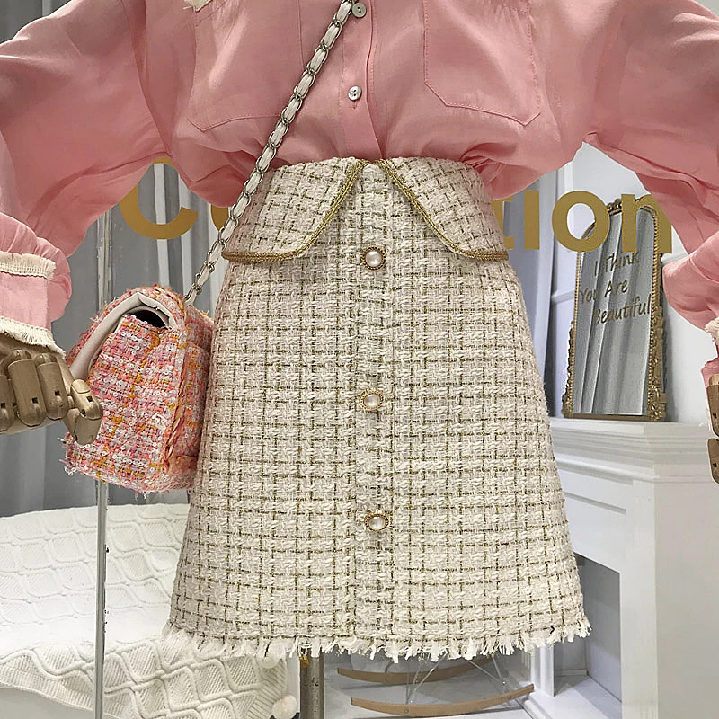 Твидовый в клетку юбка для женщин Весна и осень высокая талия классический однобортный шерстяной Юбка Лето Mujer