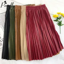 PEONFLY, мода, весенние женские юбки, ПУ, длинные, плиссированные, одноцветные, макси юбки, высокая талия, миди, Faldas, винтажная, элегантная юбка цвета хаки