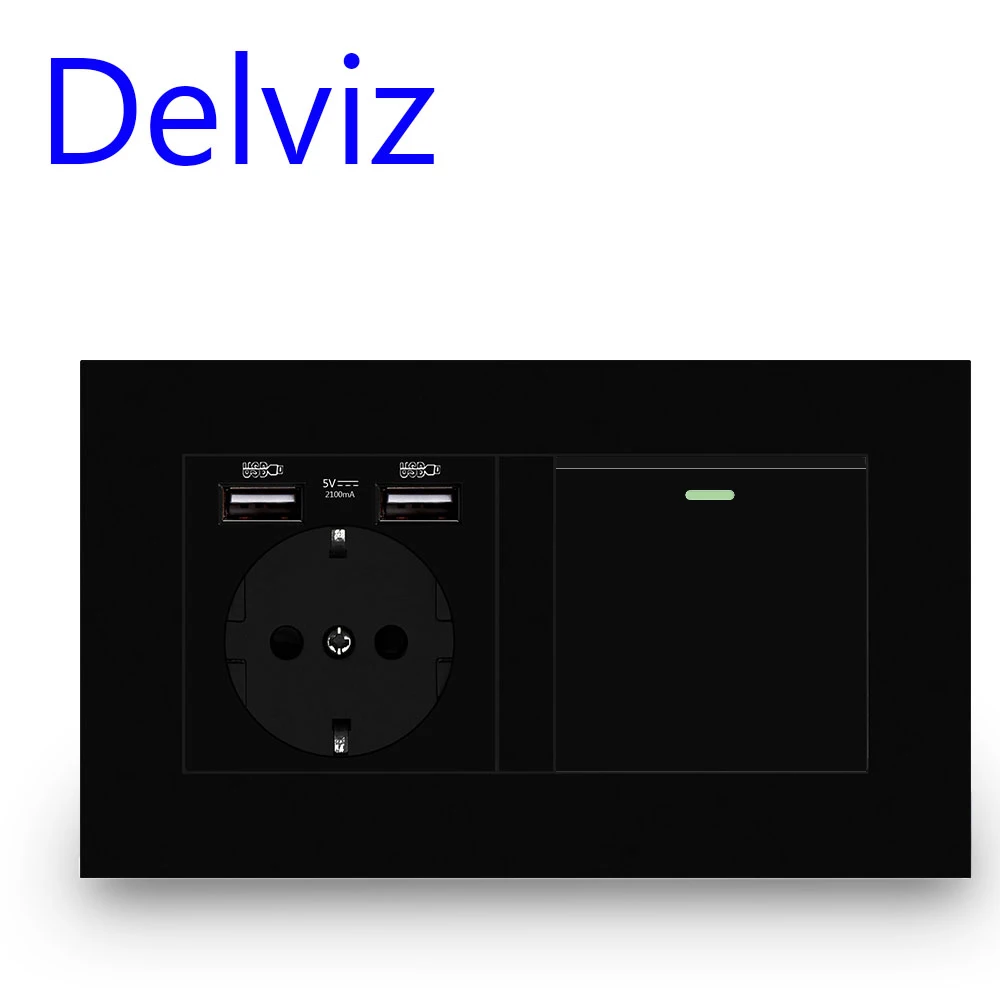 Delviz 침실 조명 스위치, 스위치가 있는 EU 듀얼 프레임 16A 전원 소켓, 흰색/검정색/회색 패널, 벽 USB 포트 전..